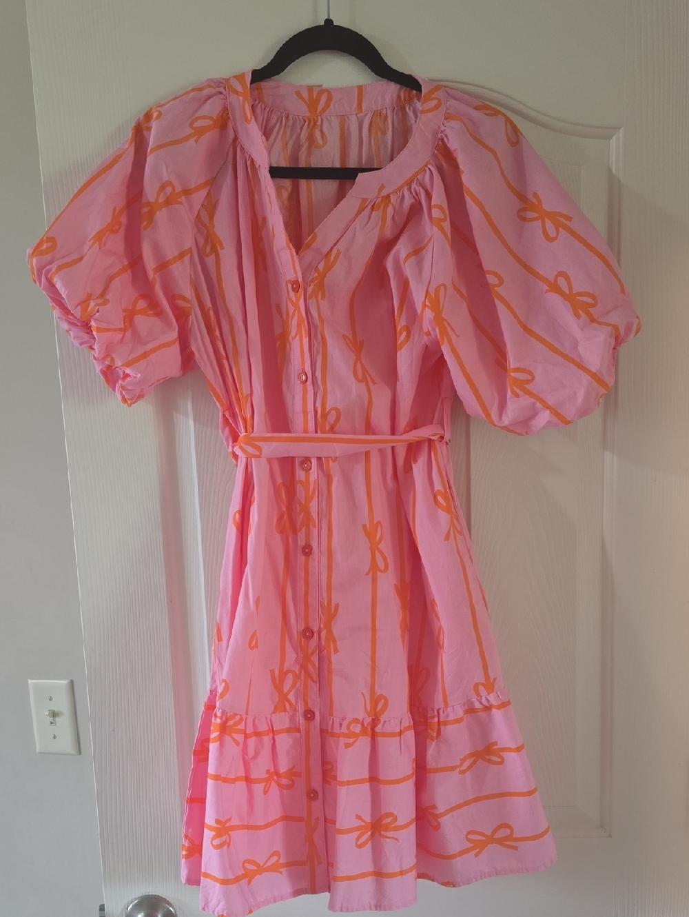 Pink & Orange Puff-Sleeve Button-Front Dress